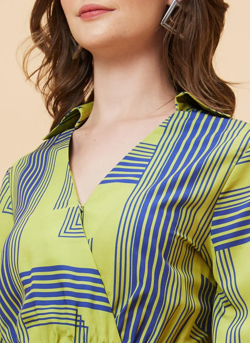 globus Globus Women Green Geometric Printed Long Sleeves Warp Dress