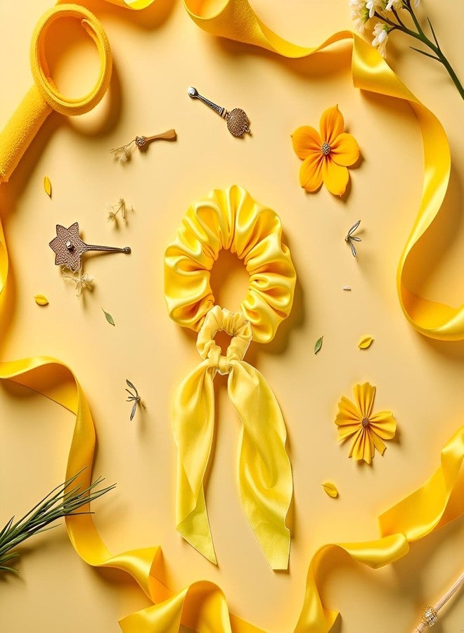 Essivox Yellow Satin Hair Scrunchies with Bow, Elastic Ponytail Holder Ribbon Band Ties for Women and Girls - Image 3
