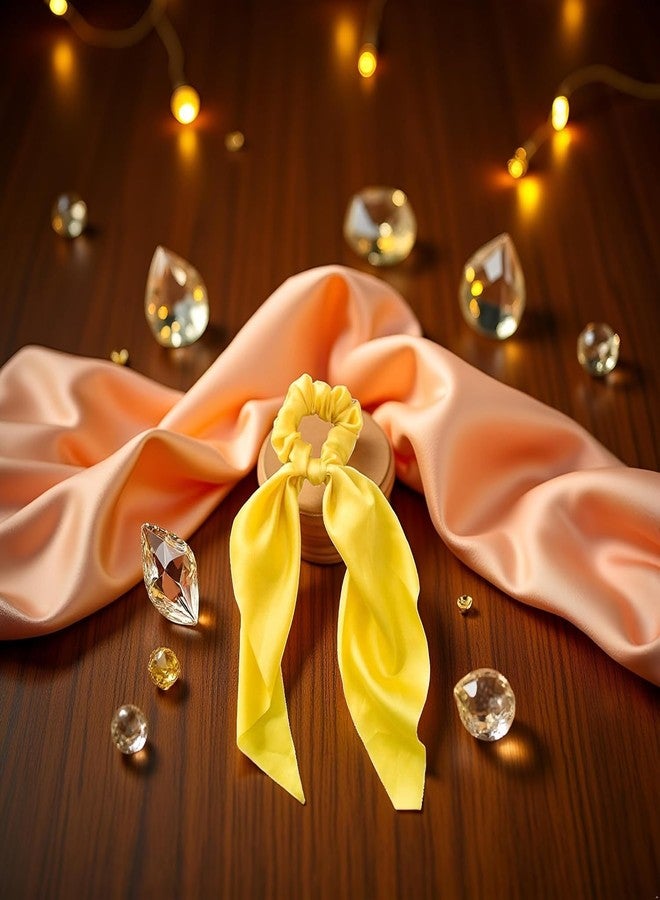 Essivox Yellow Satin Hair Scrunchies with Bow, Elastic Ponytail Holder Ribbon Band Ties for Women and Girls - Image 4
