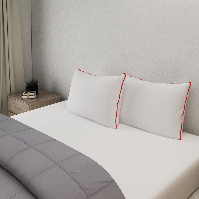 Elarra Home Supersoft Microfiber Pillow White Red Piping Size 43 cms x 68 cms 300TC Cotton Fabric Double Stitched Edges 1000 GMS Supersoft Microfiber Machine Washable Set of 1 - Image 1