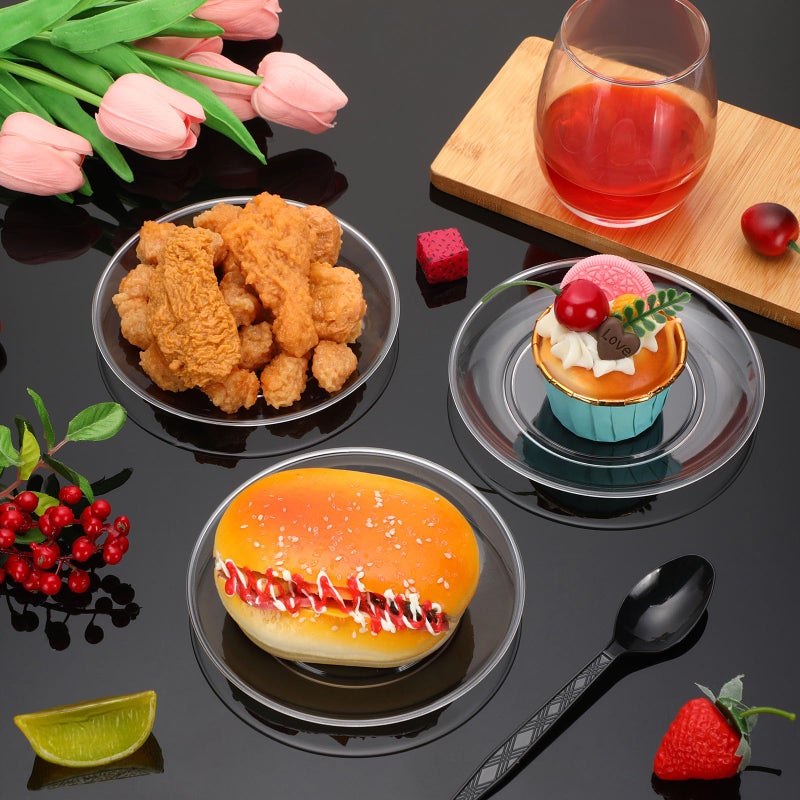 Mimorou Clear Plastic Dessert Plates 5.5 Inch Disposable Cake Plates Small Party Dishes Bulk Clear Round Dishes for Wedding Dinner Appetizers BBQ Travel Catering Events(100 Pcs) - Image 4