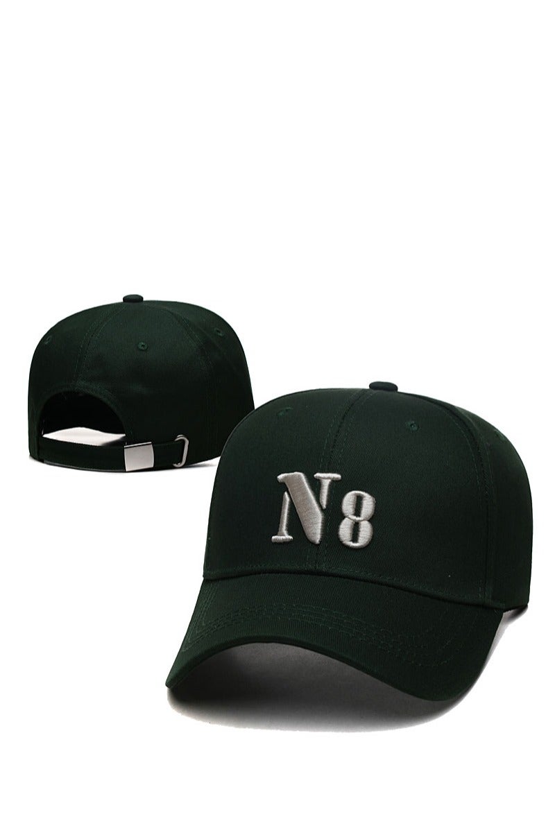 Dark Green Baseball Cap with Embroidered "N8" Logo, Stylish and Versatile