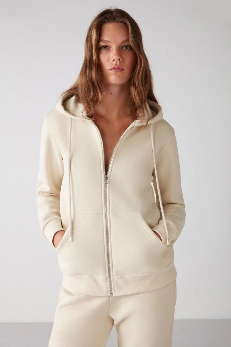 جريميلانج Carlota Women's Soft Polar Fleece 3 Thread Relaxed Hooded Zippered Vanilla Sweatshirt