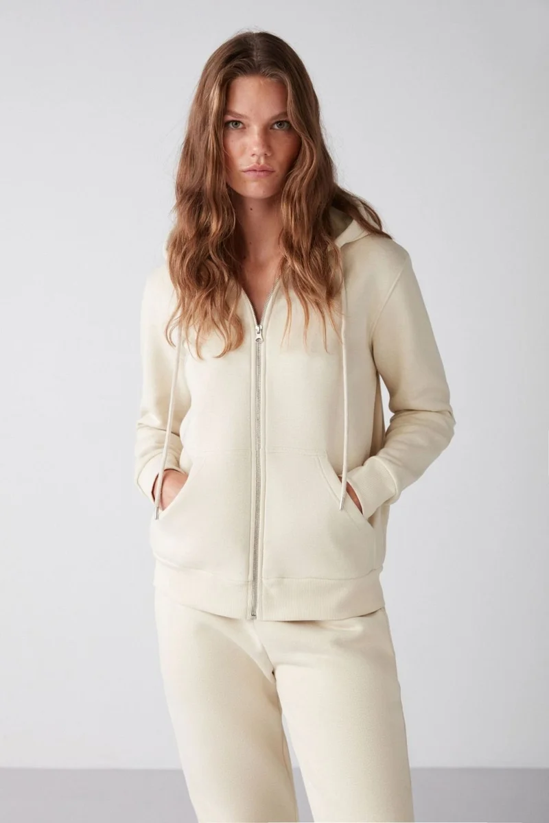 جريميلانج Carlota Women's Soft Polar Fleece 3 Thread Relaxed Hooded Zippered Vanilla Sweatshirt