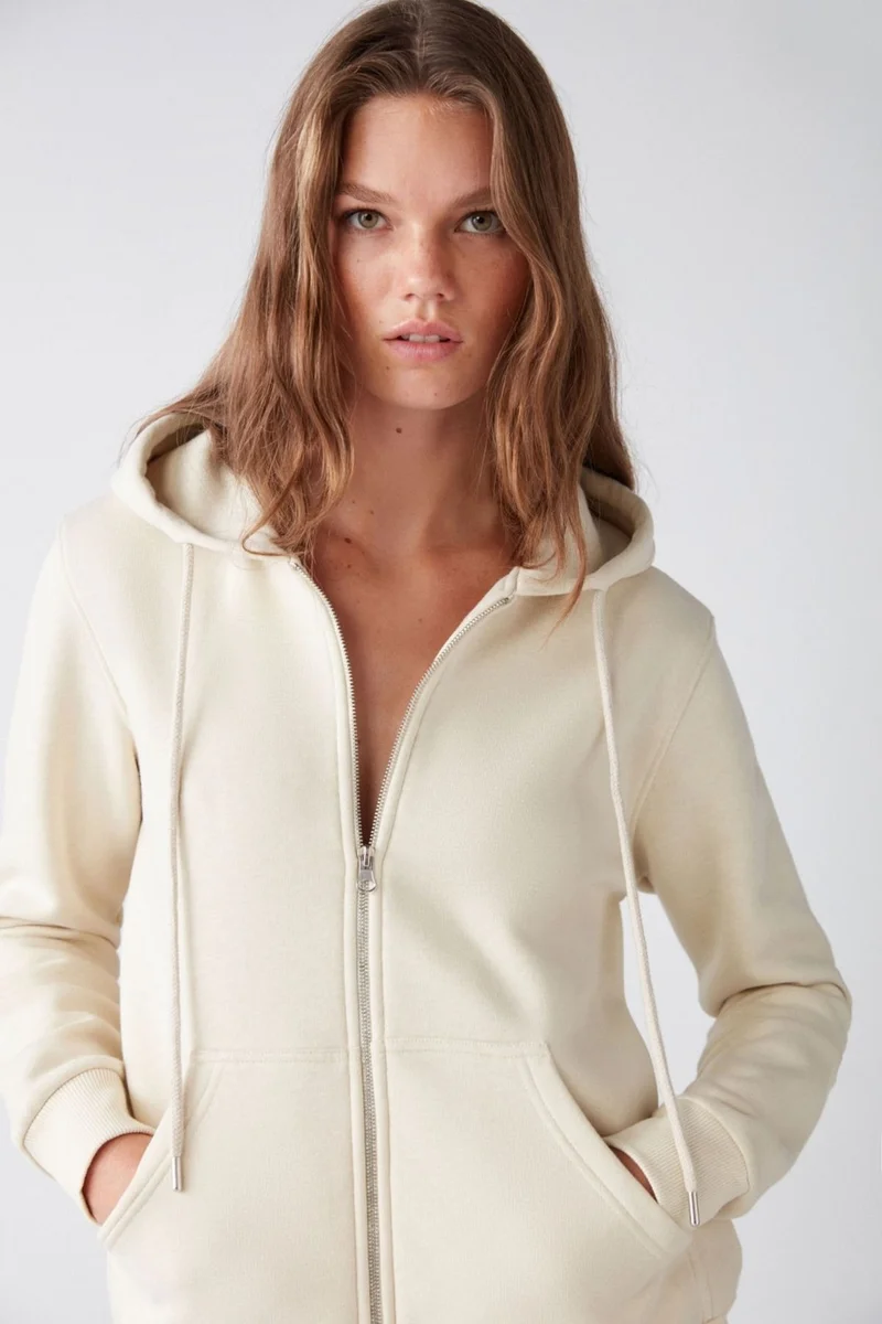 جريميلانج Carlota Women's Soft Polar Fleece 3 Thread Relaxed Hooded Zippered Vanilla Sweatshirt