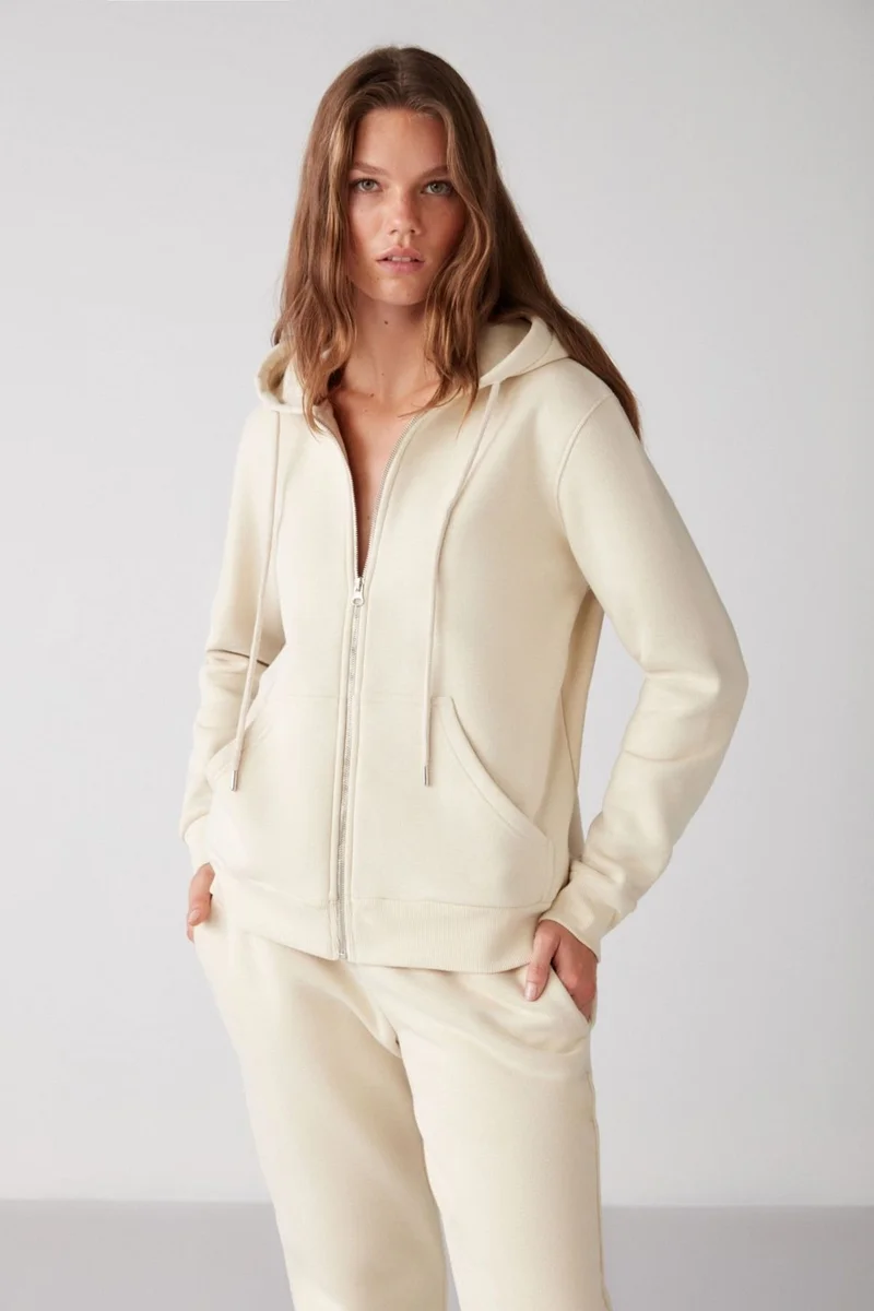 جريميلانج Carlota Women's Soft Polar Fleece 3 Thread Relaxed Hooded Zippered Vanilla Sweatshirt