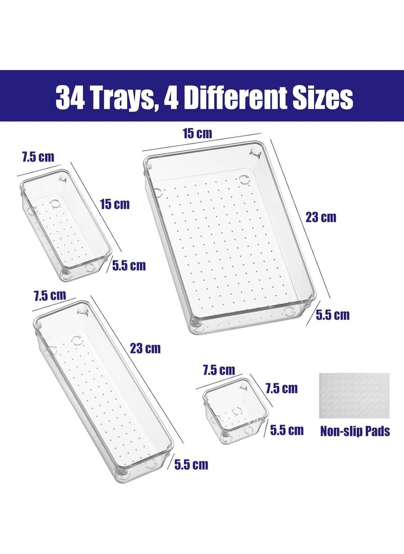 Generic 34pcs Clear Acrylic Drawer Organizers Tray for Makeup Storage, 4-Size Versatile Bathroom & Vanity Drawer Organizer Divider Tray for Kitchen, Bathroom, Utensils & Office  - Image 2