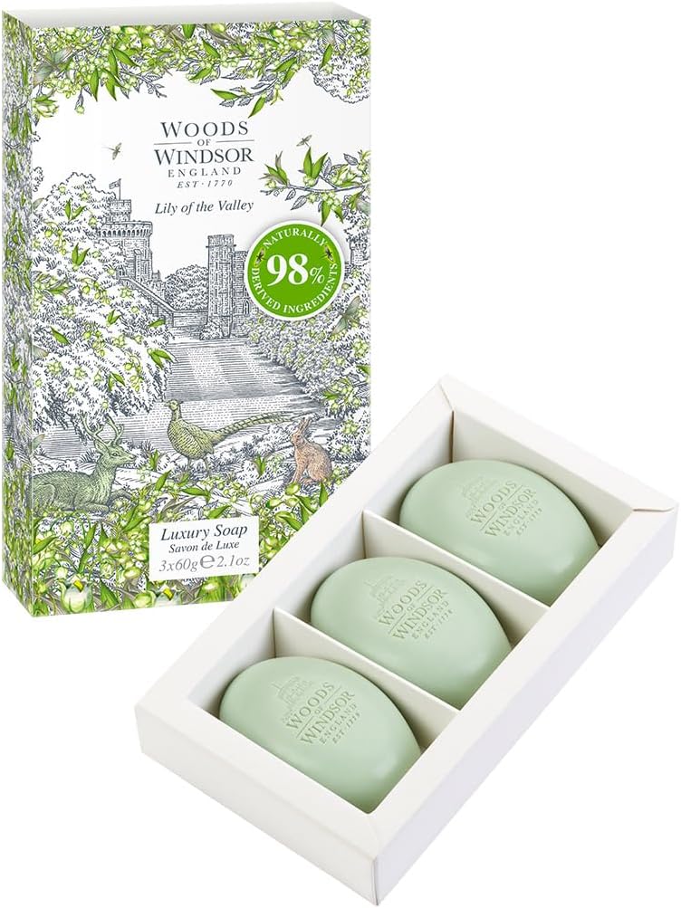 Woods of Windsor Lily Soap Bars Moisturising Shea Butter Soap Bar Vegetable Based Fine Milled Soap with Notes of Geranium and Citrus Hand and Body Soap Lily of the Valley Scent 3 x 60g