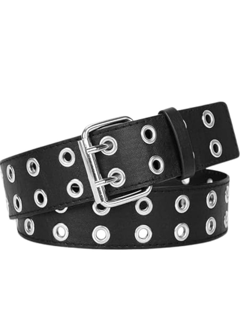 ARTLABEL Unisex Double Grommet Eyelets PU Leather Belts Western Designer Punk Chic Belt for women Men & girls-Free Size-(Double Grommet Eyelets (Black)) - Image 2