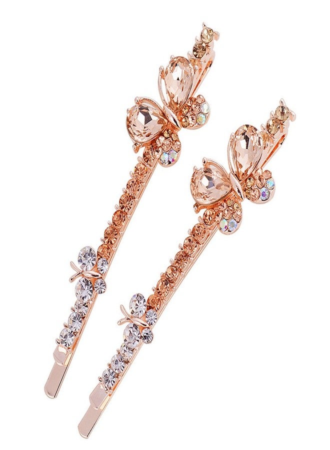 Ruihfas 1 Pair Fashion Women Girls Crystal Rhinestone Hairpins Double Butterfly Design Hair Pins Clips Barrettes Headdress (Champagne) - Image 1