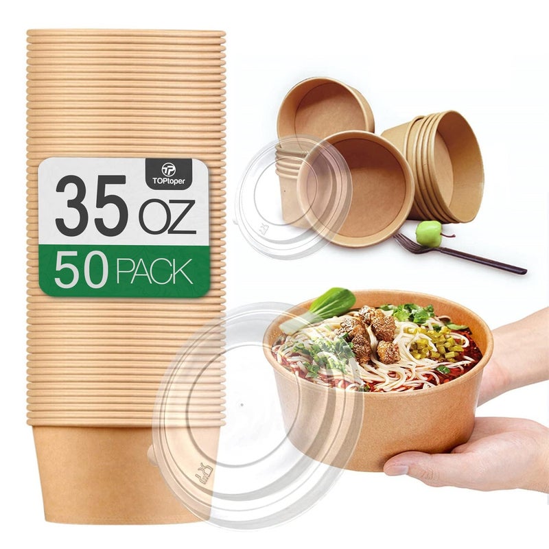 TOPtoper 50 Pack 35 Oz Large Paper Bowls with Lids, Heavy Duty Paper Bowls for Party, Disposable Bowls Bulk Leakproof and Microwave Safe for Hot/Cold Use (35 OZ) - Image 1