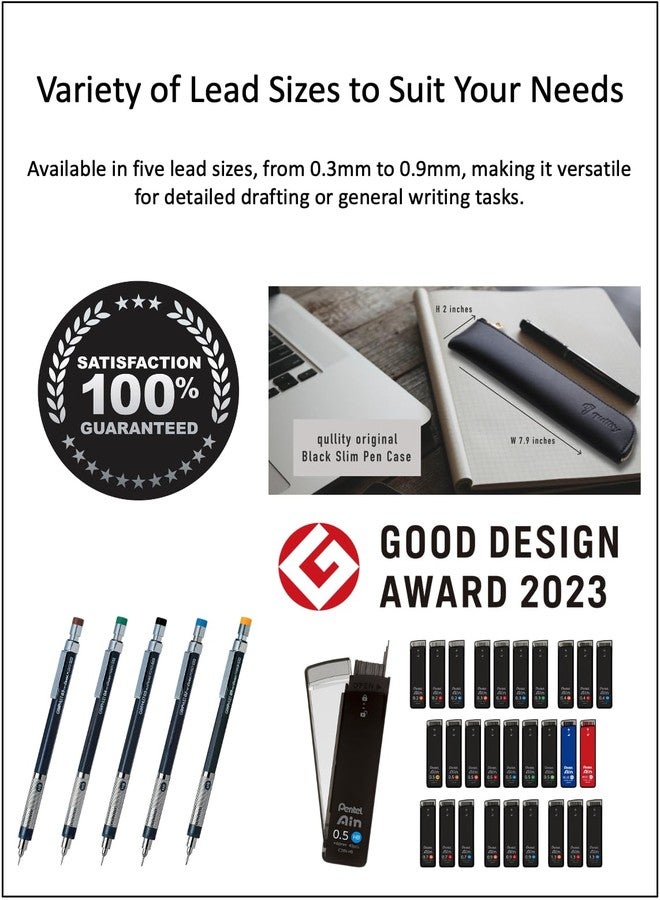 QULLITY Graphlet Mechanical Drafting Pencil + Ain HB/B/2B leads, original Black slim pen case (5 sizes) - Image 4