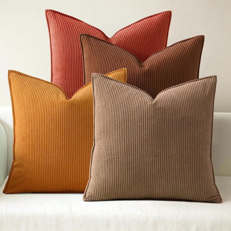 Fuhana Throw Pillow Covers 18x18 Inch Corduroy Set of 4 Decorative Couch Summer Throw Pillow Cases Square Farmhouse Boho Velvet Cushion Covers for Sofa Bed Living Room Home Decor Maillard Tones - Image 2