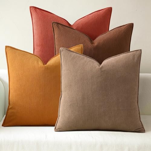 Fuhana Throw Pillow Covers 18x18 Inch Corduroy Set of 4 Decorative Couch Summer Throw Pillow Cases Square Farmhouse Boho Velvet Cushion Covers for Sofa Bed Living Room Home Decor Maillard Tones - Image 1