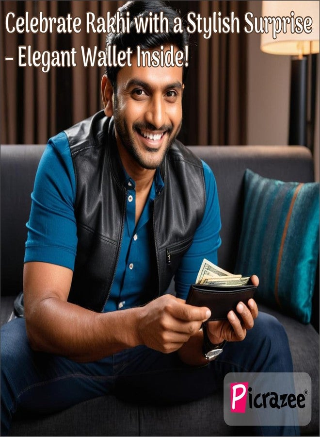 PICRAZEE Raksha Bandhan Gift Combo for Brother - Rakhi, Roli-Chawal Bottles, Leather Wallet, Fridge Magnet & Greeting Card - Image 5