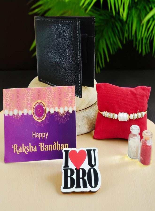 PICRAZEE Raksha Bandhan Gift Combo for Brother - Rakhi, Roli-Chawal Bottles, Leather Wallet, Fridge Magnet & Greeting Card - Image 2