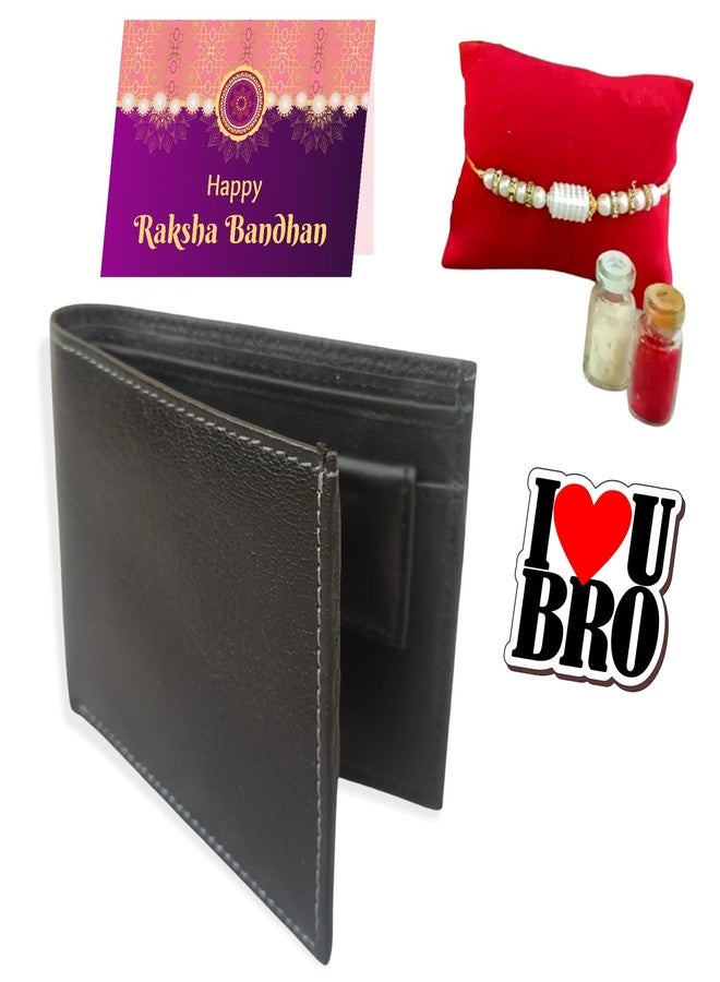 PICRAZEE Raksha Bandhan Gift Combo for Brother - Rakhi, Roli-Chawal Bottles, Leather Wallet, Fridge Magnet & Greeting Card - Image 1