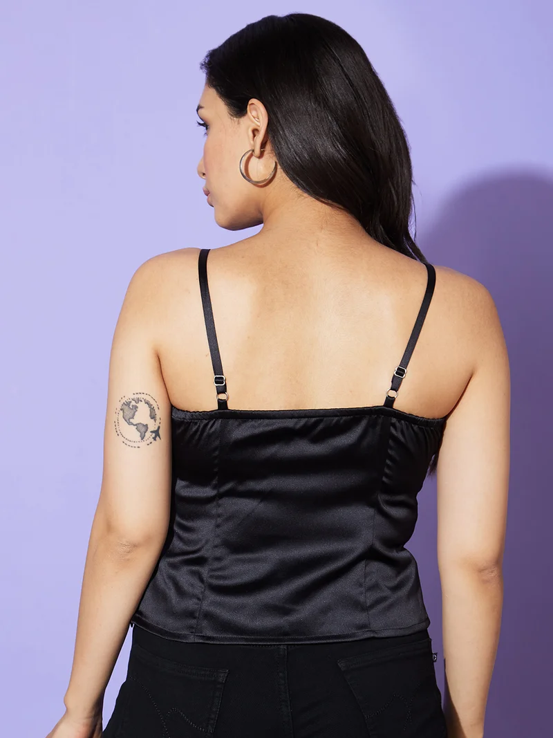 globus Women Black Shoulder Straps Satin Top