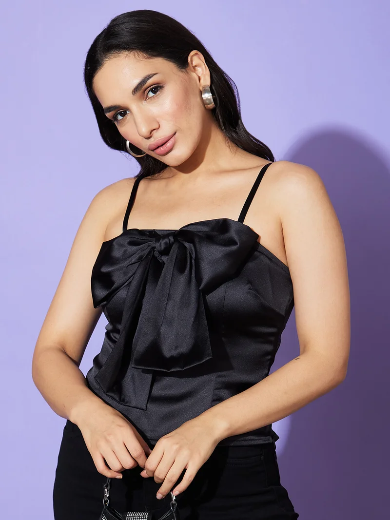 globus Globus Women Black Shoulder Straps Satin Party Top