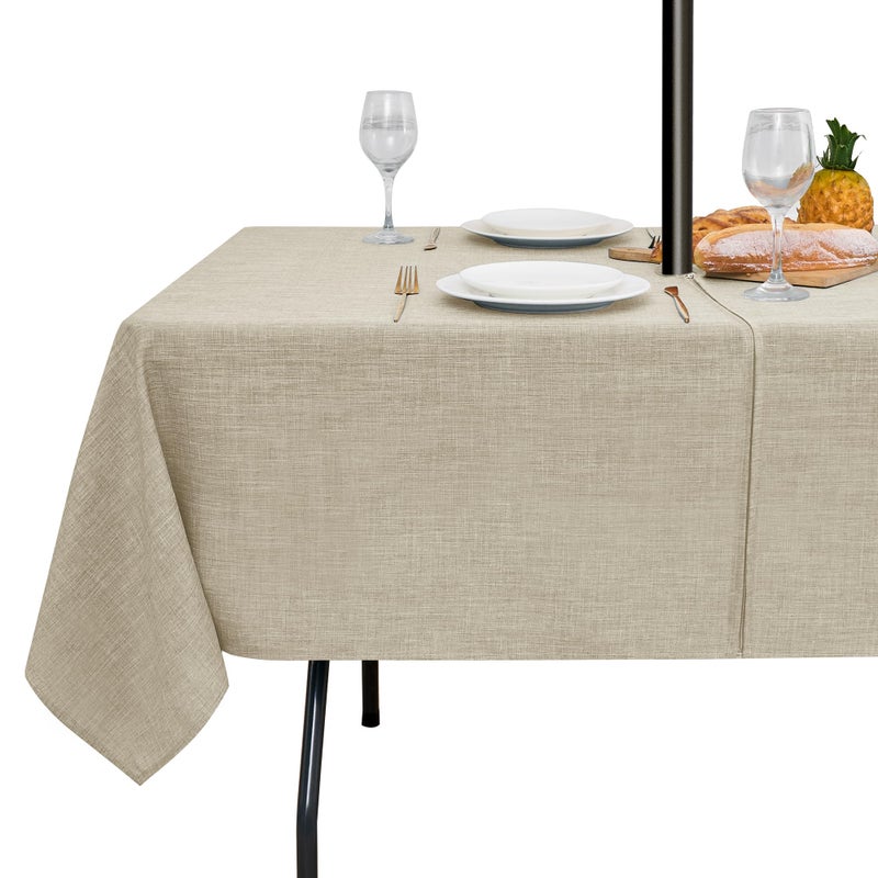 LUSHVIDA Outdoor Tablecloth with Umbrella Hole - Patio Table Cloth Zippered Rectangle 60x84 Inch, Linen-Look Polyester Table Cover Water Resistant for Picnic Outside, Natural Color - Image 1
