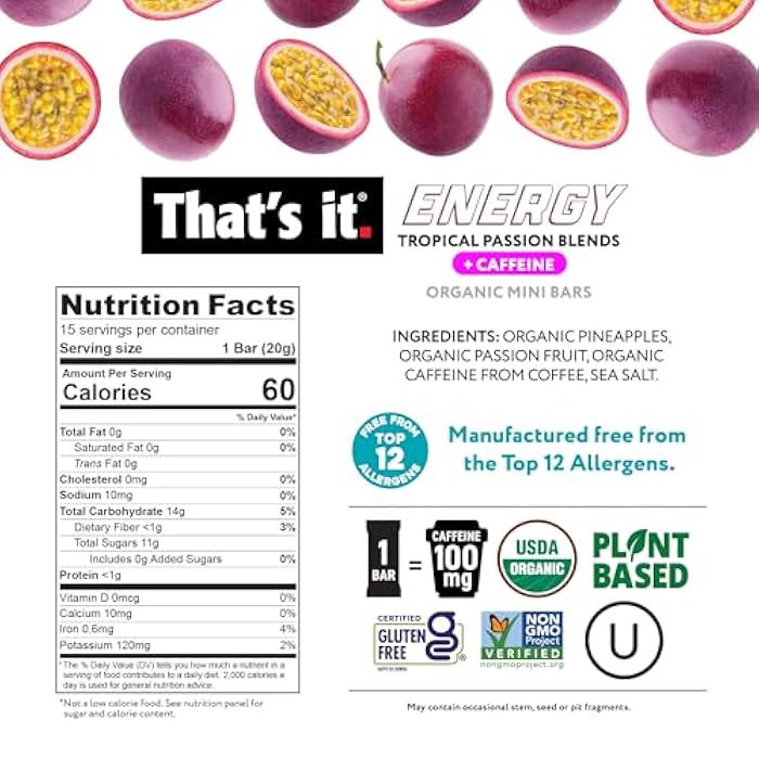 That's it. Tropical Passion Energy Mini Bars | 100mg Natural Caffeine |Pineapple Passionfruit| Allergy-Friendly, Nut Free, Organic, Non-GMO, Gluten-Free Snacks | 15 Count - Image 2