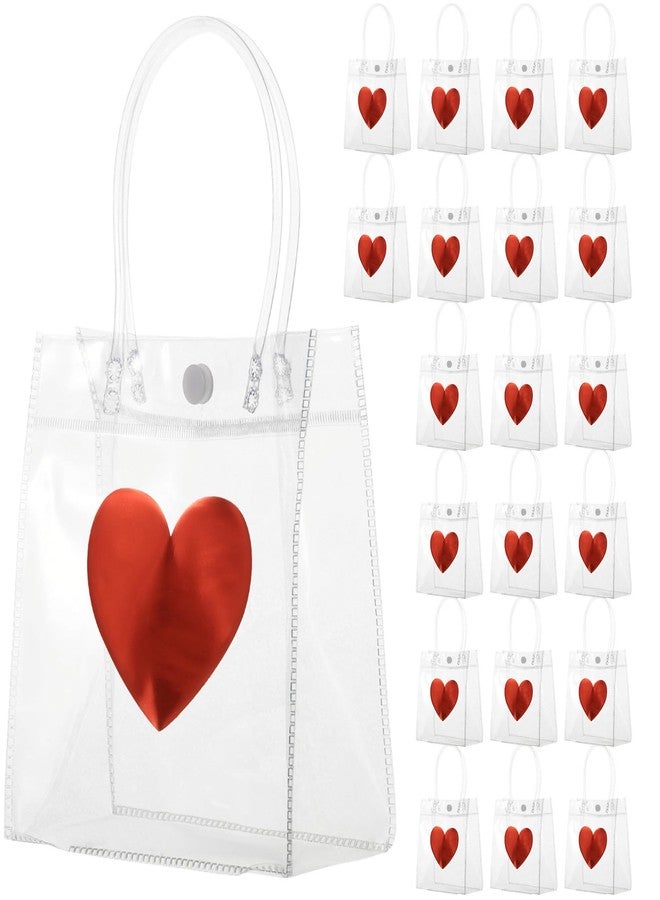 Foxtell 20 Pcs Valentine's Day Gift Bags with Handles, 6.3x5.9 Inch Clear Red Heart Plastic Bags, Reusable Transparent Gift Wrap Bags for Wedding, Birthday Party Favors & Small Business - Image 1