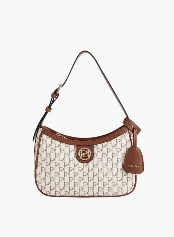 بابريكا Monogram Print Shoulder Bag with Adjustable Strap and Zip Closure