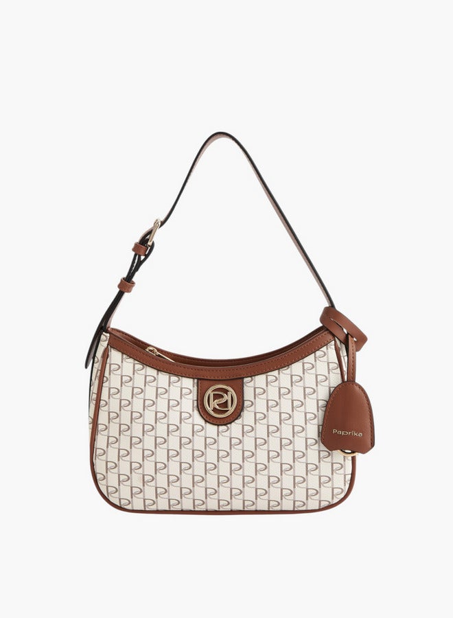 Paprika Monogram Print Shoulder Bag with Adjustable Strap and Zip Closure  - Image 1