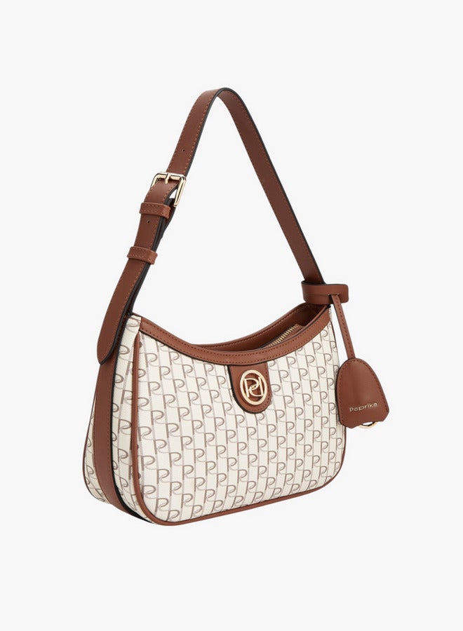 Paprika Monogram Print Shoulder Bag with Adjustable Strap and Zip Closure  - Image 3