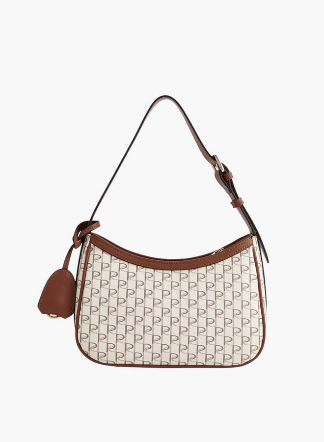 Paprika Monogram Print Shoulder Bag with Adjustable Strap and Zip Closure  - Image 2