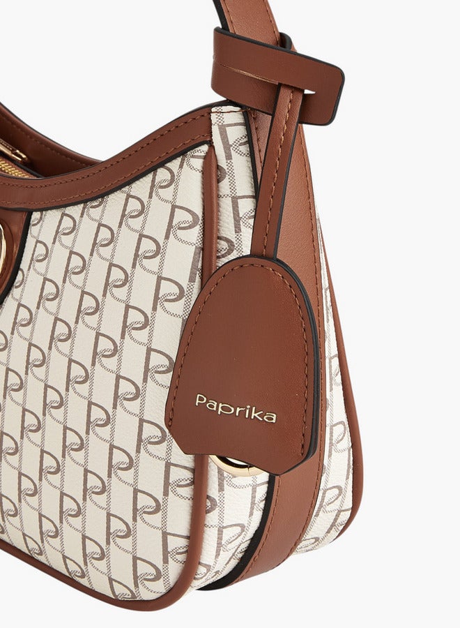 Paprika Monogram Print Shoulder Bag with Adjustable Strap and Zip Closure  - Image 5