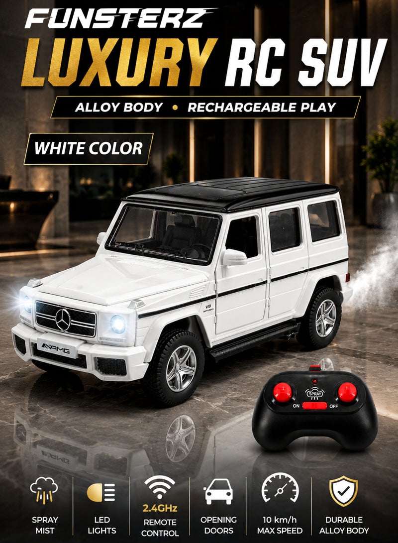 Funsterz 1:22 RC Mercedes-Benz Style SUV Alloy Car with Spray Mist, LED Lights, Sound Effects, Opening Doors Hood & Trunk, 2.4GHz Remote Control Rechargeable Luxury Diecast Model Toy Car for Kids Boys Girls 3+ - Image 1