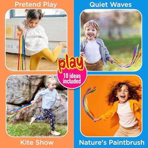 Covelico Rainbow Hand Ribbon Kite, 2 x Montessori Inspired Ribbon Toy, Each Wooden Rings with 7 Bright Rainbow Streamers, Waldorf Sensory String Toys for Kids & Gymnastics Dance Ribbons for Toddlers - Image 4
