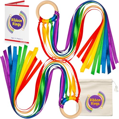 Covelico Rainbow Hand Ribbon Kite, 2 x Montessori Inspired Ribbon Toy, Each Wooden Rings with 7 Bright Rainbow Streamers, Waldorf Sensory String Toys for Kids & Gymnastics Dance Ribbons for Toddlers - Image 1
