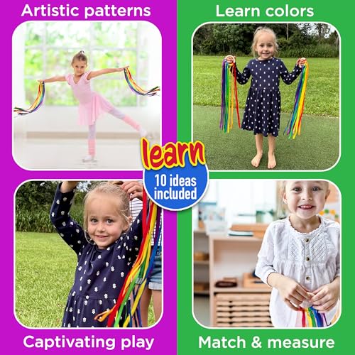 Covelico Rainbow Hand Ribbon Kite, 2 x Montessori Inspired Ribbon Toy, Each Wooden Rings with 7 Bright Rainbow Streamers, Waldorf Sensory String Toys for Kids & Gymnastics Dance Ribbons for Toddlers - Image 5