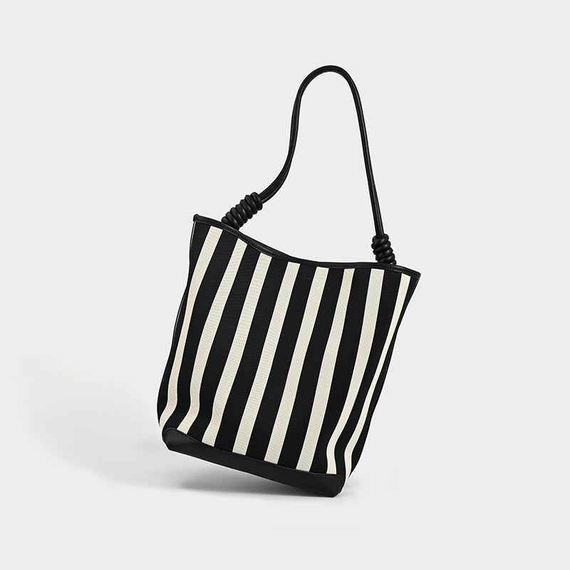 Black And White Stripe High-Grade Bucket Bag Large Capacity Stretch Woven Bag New Commuter Portable Shoulder Bag For Women - Image 4