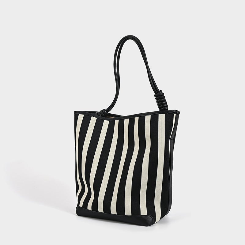 Black And White Stripe High-Grade Bucket Bag Large Capacity Stretch Woven Bag New Commuter Portable Shoulder Bag For Women - Image 5