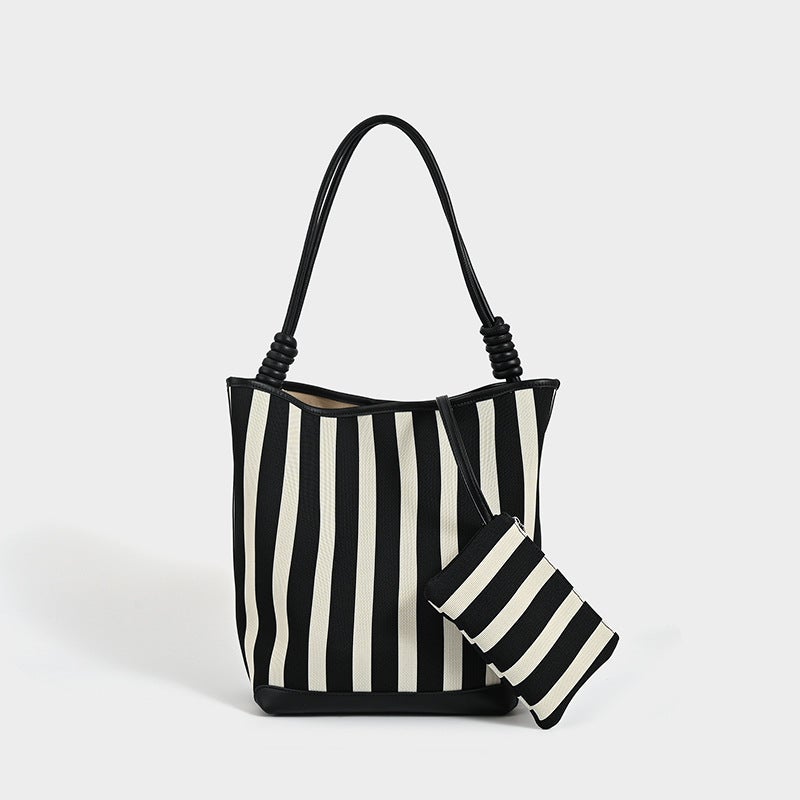 Black And White Stripe High-Grade Bucket Bag Large Capacity Stretch Woven Bag New Commuter Portable Shoulder Bag For Women - Image 3