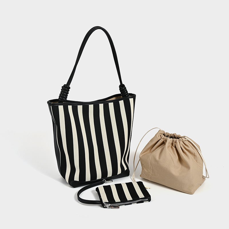 Black And White Stripe High-Grade Bucket Bag Large Capacity Stretch Woven Bag New Commuter Portable Shoulder Bag For Women - Image 1