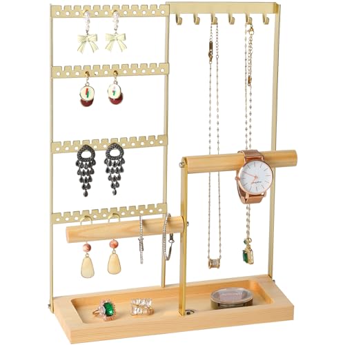 lengnoyp Jewelry Organizer Stand Jewelry Holder Lengnoy 4 Tier Earring Holder with 48 Holes and 6 Hooks Necklace Organizer Wood Box for Necklace Bracelet Earring Ring Gold - Image 1