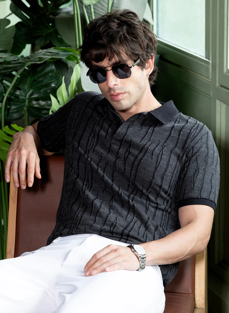 كامبوس سوترا Men Crevice-Jacquard Polo T-Shirt | Jacquard-Polo Neck, Short Ribbed-Cuff Sleeves | Half-Button , Straight Hem | Abstract Jacquard Knitted Fabric For Casual & Daily Wear | Onyx Black