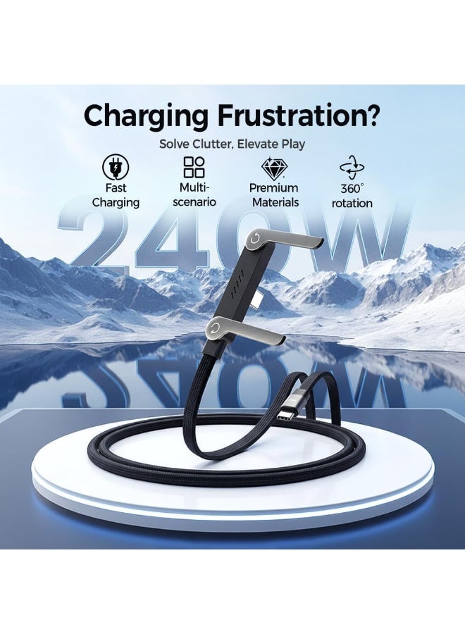 ELTRAZONE 240W Fast Charging Cable with Rotatable Phone Holder Stand, 360° Rotation, 1.5m Sideway Gaming Charger, Type-C to Type-C, Compatible with Smartphones and Tablets - Image 2