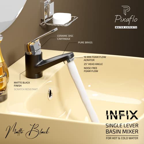 Pixaflo Infix Brass Matte Black Hot & Cold Single Lever Basin Mixer with 450 mm Long Braided Hoses - Image 3
