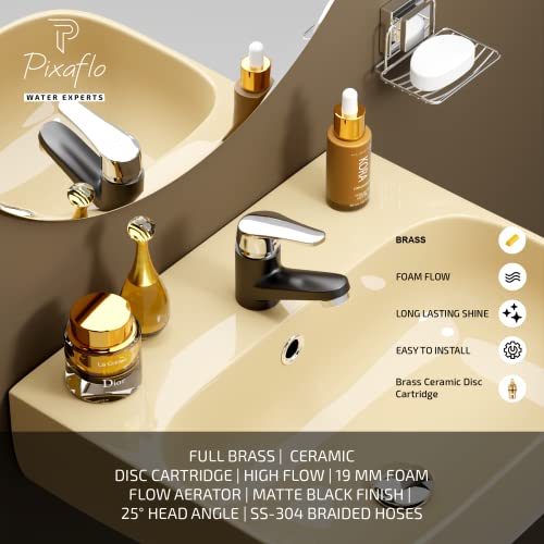Pixaflo Infix Brass Matte Black Hot & Cold Single Lever Basin Mixer with 450 mm Long Braided Hoses - Image 2