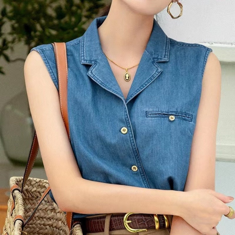 Vintage Tencel Denim Vest Womens Summer Cuban Collar Shirt Design Niche Loose Casual Sleeveless French Shirt Denim color