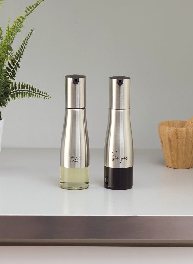 Home Basics Oil and Vinegar Dispenser Set by Home Basics | Brushed Stainless Steel & Glass Containers with Anti-Drip Spout Lid | Easy Refill with Screw Tops | Labeling in Script "Oil" & "Vinegar" - Image 4