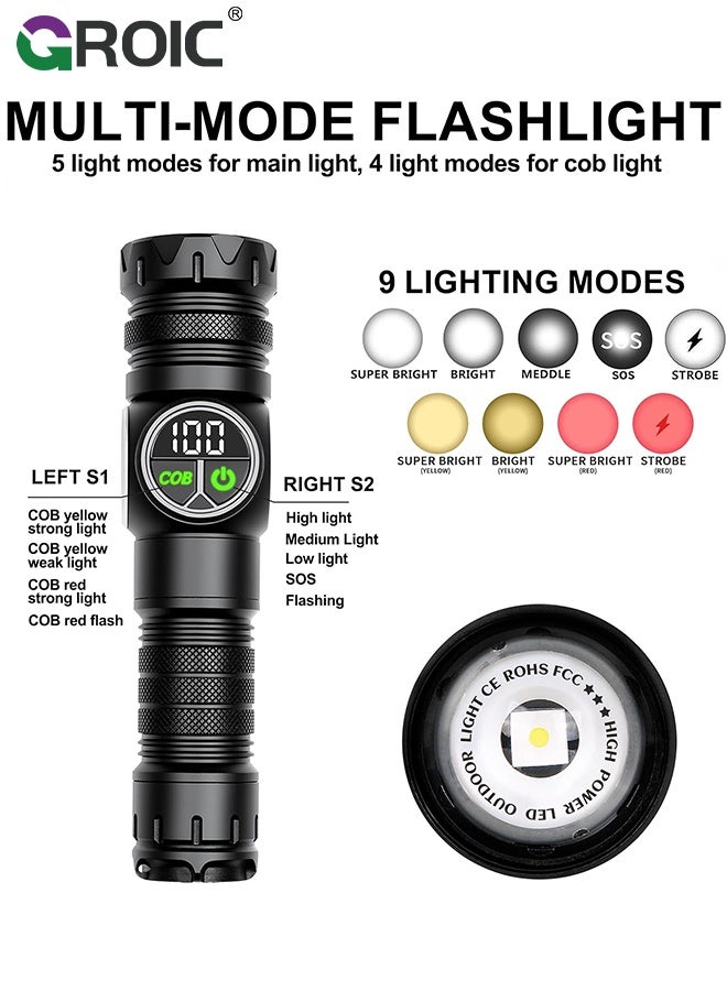 GROIC Flashlight, White Laser LED Flashlight with Side Light, Rechargeable Zoomable Torch, Portable Multifunctional High Lumens Flashlight for Camping, Hiking and Emergencies, Powerful Handheld Flash Light - Image 2