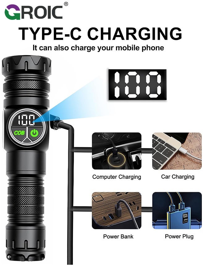 GROIC Flashlight, White Laser LED Flashlight with Side Light, Rechargeable Zoomable Torch, Portable Multifunctional High Lumens Flashlight for Camping, Hiking and Emergencies, Powerful Handheld Flash Light - Image 3
