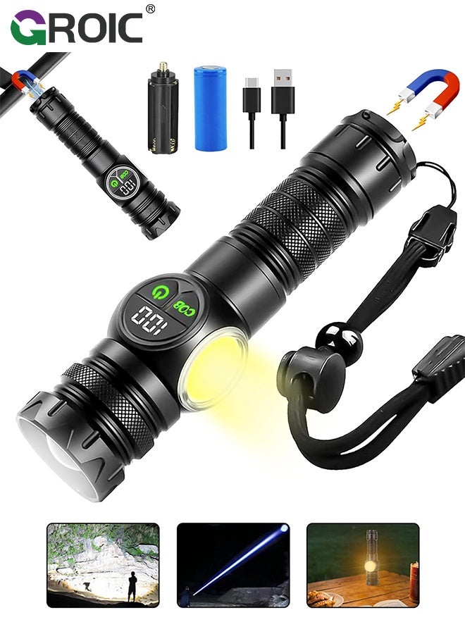GROIC Flashlight, White Laser LED Flashlight with Side Light, Rechargeable Zoomable Torch, Portable Multifunctional High Lumens Flashlight for Camping, Hiking and Emergencies, Powerful Handheld Flash Light - Image 1