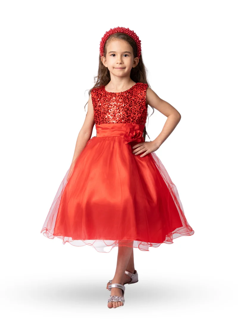 D'Daniela Sparkly Sequins and Flower Dress Red